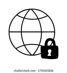 Ilustración vectorial del doodle de globo y candado. Bloquear el mundo. Proteger, concepto de seguridad.