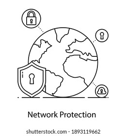 
Globe mit Schloss und Schutzschild, die das Symbol für den Netzwerkschutz symbolisieren
