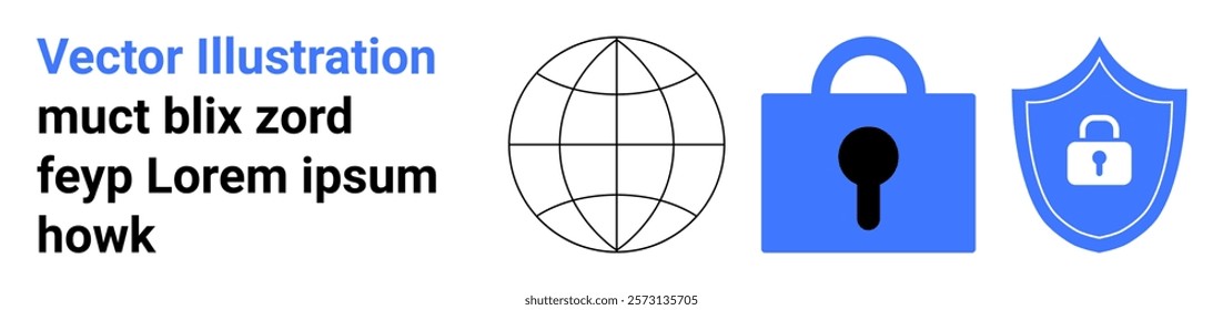 Globe, padlock, and shield with a lock in blue emphasized on protection and worldwide connectivity. Ideal for security, privacy, internet safety, global communication, and data protection. Banner