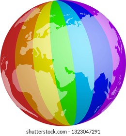 The globe is painted in the colors of LGBT community.flag of gay, lesbian, bisexual, transgender.Isolated icon on white,flat design.Adapted for websites and mobile applications.Vector image.