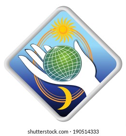 The globe in the palm - eco symbol with sun and moon 