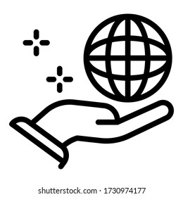 Globe in the palm icon. Outline globe in the palm vector icon for web design isolated on white background