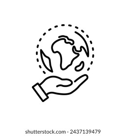 Globo en el icono de la palma. Globo de contorno en el icono del vector de la palma para el diseño web aislado sobre fondo blanco