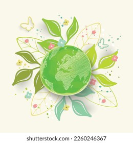 Globe with paper colorful flowers and leaves on a white background. Go green. Ecology concept. Vector illustration.