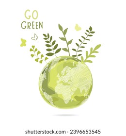 Globe with paper colorful flowers and leaves on a white background. Go green. Ecology concept. Vector illustration.