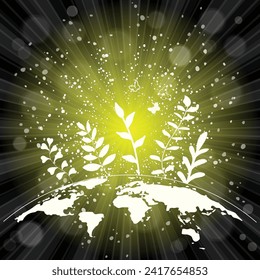 Globe with paper colorful flowers and leaves on a white background. Go green. Ecology concept. Vector illustration.