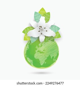 Globe with paper flowers and leaves. Go green. Ecology. Vector.