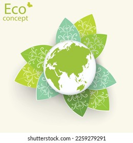 Globe with paper flowers and leaves. Go green. Ecology. Vector.