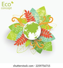 Globe with paper flowers and leaves. Go green. Ecology. Vector.