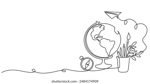 Globe, paper plane, compass, pens composition. Back to school education concept. Continuous one line drawing. Vector illustrations. Corner decoration