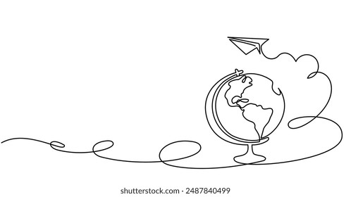 Globe, paper plane sign. Back to school education concept. Continuous one line drawing. Vector illustrations. Corner decoration