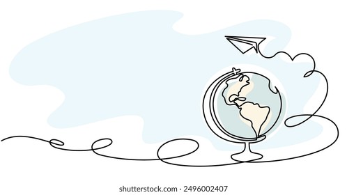 Globe, paper plane sign. Back to school education concept. Continuous one line drawing. Vector illustrations. Corner decoration