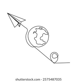 Globe paper plane sign back to school education concept continuous one line drawing vector