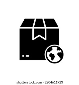 Globe and Parcel Box International Delivery Silhouette Icon. Worldwide Global Shipping Retail Industry Glyph Pictogram. Import, Export Package on Earth Planet Icon. Isolated Vector Illustration.