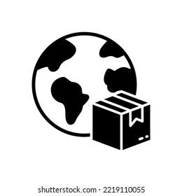  Globe und Parcel Box Internationale Lieferung Silhouette Symbol. Weltweite globale Versandhandelsbranche - Glyph-Piktogramm. Import, Export Paket auf dem Planeten Icon. Einzelne Vektorgrafik.