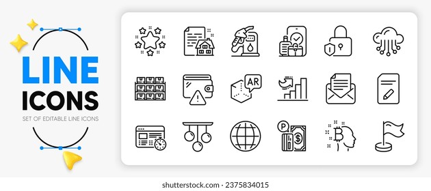 Globe, Parking payment and Augmented reality line icons set for app include Edit document, Stars, Petrol station outline thin icon. Cloud storage, Boxes shelf, Growth chart pictogram icon. Vector