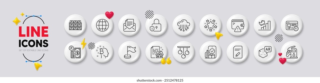 Globe, Parking payment and Augmented reality line icons. White buttons 3d icons. Pack of Edit document, Stars, Petrol station icon. Cloud storage, Boxes shelf, Growth chart pictogram. Vector