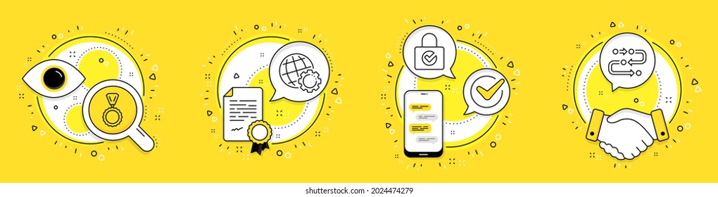 Juego de iconos de globo, cifrado de contraseña y línea Medal. Iconos de licencias, teléfonos celulares y vectores de operaciones. Signo de metodología. Configuración de Internet, Localizador de protección, Ganador. Proceso de desarrollo. Vector