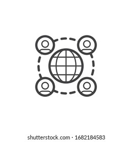 Globe And People Network Connection Line Icon. Linear Style Sign For Mobile Concept And Web Design. Global Communication Outline Vector Icon. Symbol, Logo Illustration. Vector Graphics