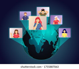 Globe and people talking by internet. Video conferencing, Online meeting, Distance working and learning, communication concept. Vector illustration.