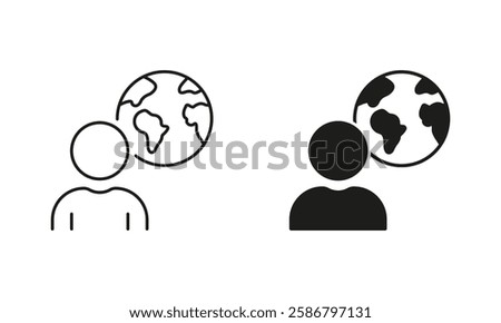 Globe and Person Line and Silhouette Icon Set. Worldwide Communication Pictogram. Global Business Concept. Editable Stroke. Isolated Vector Illustration.