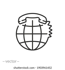 globe with phone icon, customer service support, international talk contact telephone, digital innovation tech, thin line symbol on white background - editable stroke vector illustration eps10