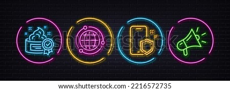 Globe, Phone protect and Cream minimal line icons. Neon laser 3d lights. Megaphone icons. For web, application, printing. Internet world, Safe cellphone, Best lotion. Brand advertisement. Vector