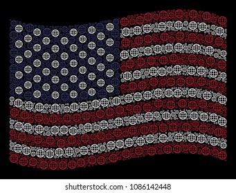 Globe pictograms are combined into waving American flag abstraction on a dark background. Vector collage of USA state flag is formed from globe elements. Designed for political and patriotic agitprop.