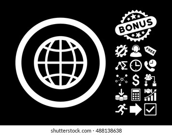 Globe pictograph with bonus pictograph collection. Vector illustration style is flat iconic symbols, white color, black background.