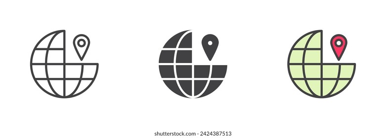 Globe with pin different style icon set. Line, glyph and filled outline colorful version, outline and filled vector sign. Symbol, logo illustration. Vector graphics