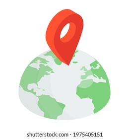 Globe with pin, geolocation icon in isometric style 