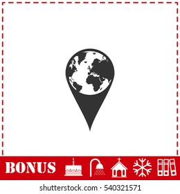 Globe pin icon flat. Simple vector symbol and bonus icon