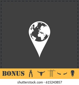 Globe pin icon flat. Simple vector symbol and bonus icon