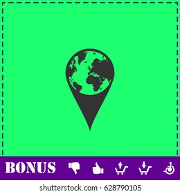 Globe pin icon flat. Simple vector symbol and bonus icon