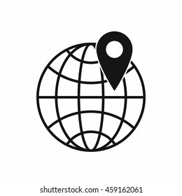 Globe with pin icon in simple style isolated on white background