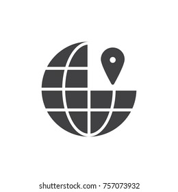 Globe with pin icon vector, filled flat sign, solid pictogram isolated on white. Geo location symbol, logo illustration.