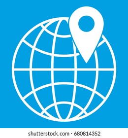 Globe with pin icon white isolated on blue background vector illustration