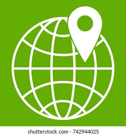 Globe with pin icon white isolated on green background. Vector illustration