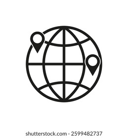 Globe pin icons. World vector symbols. Black map shape. White background design.