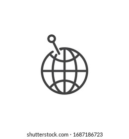 Globe mit Pin-Linie-Symbol. lineares Stilzeichen für mobiles Konzept und Webdesign. Das Symbol für die Vektorillustration des weltweiten Standorts ist umrissen. Symbol, Logo-Abbildung. Vektorillustration-Grafiken