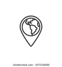 Globe pin line icon. linear style sign for mobile concept and web design. Earth planet location pin outline vector icon. Symbol, logo illustration. Vector graphics