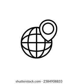 Globe with pin outline icon. Vector illustration. The isolated icon suits the web, infographics, interfaces, and apps.