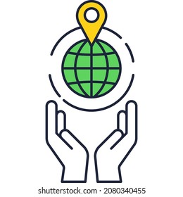 Globe with pin over hand icon vector sign. Flat earth hemisphere map, global connection, worldwide travel and geography concept
