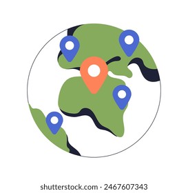 Globe with pin points. Location pointers on Earth planet. Global orb marked with destination markers, places. Navigation, GPS positioning concept. Flat vector illustration isolated on white background