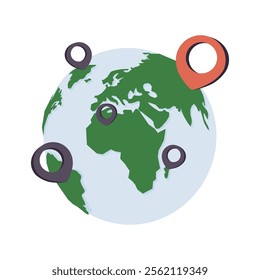 Globe with pin points. Location pointers on Earth planet. Global orb marked with destination markers, places. Navigation, GPS positioning concept. Flat vector illustration isolated on white background