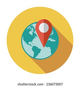 Globe with pin. Single flat color icon. Vector illustration.