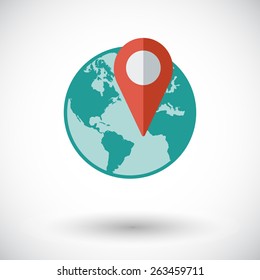 Globe with pin. Single flat icon on white background. Vector illustration.