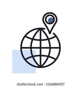 Globe with pin vector isolated icon. Navigation sign. Graph symbol for travel and tourism web site and apps design, logo, app, UI