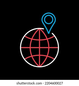 Globe with pin vector isolated on black background icon. Navigation sign. Graph symbol for travel and tourism web site and apps design, logo, app, UI