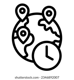 Globe with pins and clock line icon, Worldwide delivery symbol, Locations on planet earth vector sign on white background, fast logistics delivery with icon in outline. Vector.